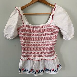 Draper James Smocked Peplum Embroidered Top • XS